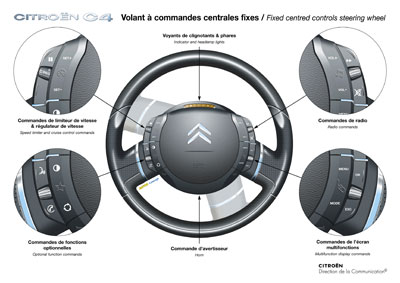 INNOVATIONS FOR ON-BOARD COMFORT AND RELAXED DRIVING The interior of the C4 boasts a host of innovations in driving ergonomics, life on-board and functional convenience. In addition, the C4 is also available with an array of high-tech communication equipment. DRIVING ERGONOMICS The C4 features a dashboard of clean design lines with a fixed-centred controls steering wheel that places driving aids within easy reach of the driver. At the same time, some of the instruments are positioned in the centre of the dashboard so that the passengers can contribute to the ride. With the C4, onboard comfort means safety and well-being. The multifunctional fixed-centred controls steering wheel The fixed centre of the steering wheel features the main comfort functions and driving aids. This layout places the emphasis on ergonomics and easy use, thus promoting driving pleasure. Easy operation The main characteristic of the C4 steering wheel is its fixed hub. The centre of the wheel no longer turns with the rim. The technical principle is simple: a toothed ring linked to the steering wheel engages an inner pinion, itself linked to the steering column. The space between the ring and the pinion is used to couple the fixed components: the steering wheel hub and the steering column mounting. A host of advantages The multifunctional fixed-centred controls steering wheel offers the following advantages: o controls are grouped in the centre of the steering wheel, thus freeing up space on the dashboard, and giving it a simpler, uncluttered look; o significant improvements in ergonomics, since the controls are grouped in a stable and easily accessible position, so that the driver does not have to take his hands off the wheel; o as the controls are on the steering wheel, they remain easily visible, even at night, thanks to the use of illuminated pictograms; o in terms of safety, the fixed-centre design of the steering wheel makes it possible to install a shape-optimised driver airbag for improved driver protection. Balanced distribution of controls The controls are split into four different areas, each with four buttons and a knob: o the top right-hand area groups the radio controls, with volume and station settings, the memorised station search function, and the mute function; o the bottom right-hand area provides access to the multifunction screen, with - in particular - the on-board computer and the NaviDrive navigation system; o the top left-hand area is dedicated to the speed limiter and cruise control. If the driver opts for one of these driving aids, a pictogram will appear on the translucent instrument cluster, showing the mode selected and the programmed speed; o the bottom left-hand area groups the controls for vehicle options. For example, the voice control of the NaviDrive navigation system, the telephone controls, the driver-configured button offering black panel lighting as the default function, or the air recycling function. The horn is on the lower part of the steering wheel. Conventional driving functions (lighting and wiping) maintain their usual layout, with standard stalk switches. Driver-dedicated steering-wheel display Driving information intended specifically for the driver is displayed immediately in front of him. This is the case, for example, of the rev counter, the indicator and headlamp settings, and the mode/gear speed selected on versions equipped with an automatic gearbox. The background of the rev counter turns red to show that the engine has reached its maximum speed. Fitted on the steering column, this display unit moves with the steering wheel to remain easily legible at all times. A dashboard designed to promote relaxed driving and shared information The clean, soft lines of the dashboard create an uncluttered look that is relaxing on the eye. Enhancing this effect, curves and relief are kept to a minimum. The choice of colours and materials reflects the same approach to design. The dashboard is designed to share information, in the same way as on a people-carrier. The centre features three display units: o a translucent instrument cluster, o a multifunction screen with the on-board computer and NaviDrive navigation system, o an air-conditioning display unit for vehicles equipped with automatic air conditioning. The central translucent instrument cluster The instrument cluster displays information on a translucent strip located in the centre of the dashboard. Clear information The translucent instrument cluster provides the following information: o vehicle speed, o petrol gauge and range, o water temperature o total and partial mileage, o information on the oil level, o speed settings for the cruise control and speed limiter, o maintenance indicator. Indicators corresponding to the child safety function, the seatbelt warning lights for the five seats, and ESP disablement are displayed on either side of the translucent instrument cluster. Perfect legibility As the instrument cluster is located in the centre of the dashboard, the translucent strip captures the light perfectly. As the display contrast adjusts instantly to the light, legibility is perfect in all circumstances, by day and night, in full sunlight or in darkness. LIFE ON BOARD The cabin of the C4 is designed to optimise passenger comfort. The cabin layout, the ergonomics and characteristics of the seats and the soundproofing - essential vehicle qualities - have all been addressed in such a way as to create a relaxing interior ambience. In addition, the C4 features a range of equipment to create a feel-good ambience, such as the glazed panoramic roof and the scented air freshener. The scented air freshener A scented air freshener, styled to match the dashboard design, also contributes to the relaxed onboard atmosphere. A choice of nine fragrances The air freshener is available with a choice of nine fragrances: Citrus and Passion, Amber and Sandalwood, Cinnamon and Ginger, Lotus flower, Vanilla, Jasmin and Mimosa, Soft Lavander, Mint and Musk, Ylang and Bamboo. All these fragrances were developed by Robertet, a company specialising in the creation of perfumes. Customers will receive a kit with three fragrances (Vanilla, Mint and Musk, Ylang and Bamboo) on delivery of their car. A fully integrated system Placed on the central air vent, the scented air freshener diffuses the fragrance selected through the air conditioning system. A knob lets the user switch the system off or adjust the quantity of perfumed air. The perfumes come in the form of sealed, individual cartridges, so the fragrance can be changed at any time. A cartridge lasts around two months, based on one hour of daily use. Refills are available from the Citron network. Seats tailored to a full range of tastes and body shapes Looking beyond their styling, which is an explicit statement of their qualities, the seats of the C4 are designed to ensure an outstanding level of comfort as well as excellent support. Firm support, adapted to everybody's tastes To reflect customers' tastes more effectively, the C4 is equipped with comfort or vitality seats, depending on the trim level selected. Comfort seating ensures excellent damping and also provides sufficient support to hold the occupant firmly in place without becoming restrictive. Placing the emphasis on comfort in use, it is perfect for smooth, relaxed driving. Vitality seating is firmer to the touch with more pronounced support. It corresponds to the pursuit of stronger driving sensations and a more dynamic driving style. Pertinent settings In addition to the conventional seat settings (fore-and-aft adjustment, angle of back rest), the C4 also includes a number of other settings to ensure that all the occupants can find a position to suit their body shape and driving habits: o steering wheel adjustable for height and reach, o a driver's seat adjuster that can be raised over 50 mm, o manual lumbar adjustment on the driver's seat. The C4 can also be equipped with an electrically controlled driver's seat. In this case, the settings are memorised to enable different drivers to immediately find their usual settings. Focus on acoustic comfort To optimise acoustic comfort on board the C4, extensive studies were conducted on sealing, and sources of wind noise. The main factors contributing to sound insulation are: o the flag-shaped exterior rearview mirrors, o the laminated windscreen with a damping film between two sheets of glass, o the thick glass used for the side windows (3.82 mm instead of the 3 mm usually found on vehicles in this segment), o the windscreen wipers integrated with the scuttle aperture, o the anti-turbulence windscreen seal, o the double door seals, o the treating and filling of box sections. Available as an option, the laminated side windows reinforce the filtering of wind noise and external nuisances. Individual thermal comfort To satisfy requests for individual comfort functions at the front, the C4 features automatic two-zone air conditioning. The driver and front passenger can then choose their own temperature settings. The automatic air conditioning system is equipped with: o a particulate and pollutant gas filter, o an air recycling function, activated using controls on the steering wheel and air conditioning panel, o a heat-reflecting windscreen, which considerably increases the reflection of ultraviolet rays. PRACTICAL CONVENIENCE With its many stowage compartments, easily adaptable, modular passenger compartment and boot foldaway partition, the C4 is an easygoing car that adapts to the requirements and needs of the moment. A host of practical and well designed stowage compartments From the dashboard to the consoles and door panels, the interior of the C4 possesses generous stowage, including: a vast glove box, bins in the doors, can-holders, a drawer under the front passenger seat and nets on the backs of the front seats. Evenly distributed around the passenger compartment, these stowage compartments were designed for practical use. The closed stowage compartments have a damped opening, the drawers are of the push/pull type and the ash tray is illuminated, as is the glovebox, which may also be cooled. Some stowage compartments are intended for specific purposes, such as the bag hook on the passenger side of the central console or the overhead eyewear holder on the driver's side. A number of stowage compartments are closed in order to maintain the ambient, uncluttered atmosphere. For example, the front central armrest, with fore-and-aft adjustment, has a stowage compartment for CDs or the CD stacker. The console is also equipped with a 12V socket and a cigarette lighter. Easy modularity The C4 features a 60/40 split-folding rear seat back and cushions. Simple attachments make it easy to take advantage of the C4's modular interior. The seat backs unlock easily and can be folded down: o directly onto the seat cushions, o with the seat cushions raised, in order to obtain additional space and a virtually flat load floor, o using clips, after the fast-fit seat cushions are removed. In this configuration, the loading space extends up to the front seats. A new boot foldaway partition The boot of the C4 features a new partitioning system. This system is designed to isolate and securely hold the objects placed in the boot. A simple function lets the user fold out the partitions integrated in the boot sill to create three separate compartments. When folded, these partitions disappear totally into the thickness of the boot sill. When partitioning is not used, the boot regains its full loading volume. The boot of the C4 can also be fitted with a closed stowage bin on the sides, a stowage net and a range of hooks to hang bags up. HIGH-TECH COMMUNICATION EQUIPMENT To enhance onboard comfort, the driver can choose from a range of hightech equipment including: o the NaviDrive telematics system for stress-free driving, o the JBL hi-fi system for high-level acoustics, o the Bluetooth hands-free telephone system for safe communication. Stress-free driving with NaviDrive The C4 is available with the new-generation NaviDrive telematics system. It offers a number of essential functions: a GPS navigation system, a GSM dual-band hands-free telephone with access to the address book and audio system (radio and 5-CD stacker). At the same time, passengers can use the screen or voice synthesis function to read the SMS messages received over the phone. The main functions can be accessed easily using the steering-wheel controls, which can also be used for the voice recognition and synthesis functions. NaviDrive can be controlled by the user's voice without any preliminary learning time. This feature is very useful for making phone calls, finding your way, or accessing the address book without risk. The system can also be controlled directly using the unit integrated with the dashboard. The functions are displayed on a black-and-white screen or on a large 16:9 colour screen. NaviDrive was also designed to offer a number of additional customer services: Citron Emergency, Citron Assistance and Citron On Line. Working with the GPS and telephone functions, Citron Emergency makes it possible to locate the vehicle if the driver has an accident or is ill, for example, and to access the services of a call centre. A customised hi-fi function JBL, one of the world's leading audio specialists, has developed a hi-fi system specially for the C4. The new system is designed to offer customised acoustics of superb quality. The hi-fi system comprises ten loudspeakers in six locations, together with a subwoofer that is fitted in the boot. The presence of the subwoofer in the boot provides wraparound sound quality and an extremely faithful reproduction of musical material. The system is controlled by an amplifier located under the front passenger seat. This unit is parametered with the acoustic settings defined and optimised for the cabin of the C4. Both driver and passengers enjoy excellent sound quality, along with acoustic reproduction that is perfectly adapted to their environment in all circumstances. Making telephone calls safely with Bluetooth The C4 features a Bluetooth hands-free telephone system (depending on the country) in which the address book is displayed on the vehicle's multifunction screen. This hands-free telephone system, based on Bluetooth wireless technology, is integrated with the passenger compartment. Bluetooth is a convenient and safe option for making personal in-car calls from a mobile phone, since the driver can make calls without taking the phone out of his pocket. In this way, he can make phone calls from the car without taking his eyes off the road or releasing the wheel. To make a hands-free call, the driver uses the ergonomic control function on the wheel, and the microphone built into the roof. Conversations are relayed over the C4's audio system. The driver selects the name of a correspondent from the address book of his mobile phone, using the steering wheel controls. He can also use the voice recognition function to initiate a call. The phone directory and the name of the correspondent are displayed on the vehicle's multifunction screen. Click to see high resolution image in new window