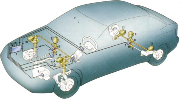 Schematic of suspension system of Hydractive 2
                equipped Xantia